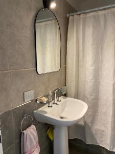een badkamer met een wastafel en een spiegel bij Departamento Mascardi - Deptosxlosandes in San Martín de los Andes