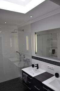 a bathroom with a sink and a shower and a mirror at Pension & Ferienwohnungen Schneidereit in Sassnitz