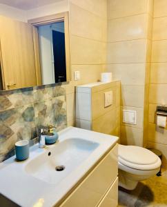 a bathroom with a white sink and a toilet at Iulius Mall Loft in Iaşi +37 photos