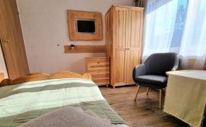 a bedroom with a bed and a chair and a television at Pokoje Pod Bocianem in Chochołów