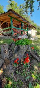 a wooden building with red flowers on a log at Stari dud Beserovina in Bajina Bašta