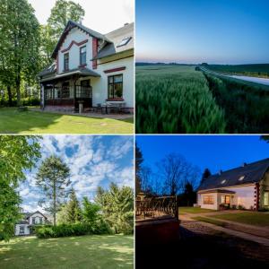 quatre images différentes d'une maison et d'un champ dans l'établissement Forsthaus Garz, à Garz