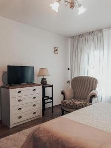 ein Schlafzimmer mit einer Kommode mit einem TV und einem Stuhl in der Unterkunft Casuta-Lacului in Unciuc