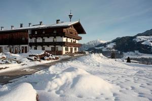 a snow covered building on top of a snow covered mountain at Embacher Marianne - Rotharlhof in Hopfgarten im Brixental