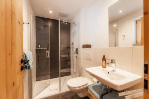 een badkamer met een toilet, een wastafel en een douche bij Gasthof Bogenrieder in Pörnbach