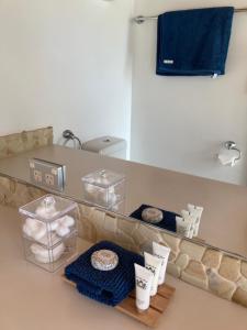 a bathroom with a counter top with towels and dishes at The Boat Shed in Sandford