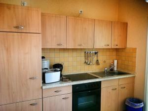 ペーネミュンデにあるStudio - Kleiner Seehundのキッチン(木製キャビネット、黒い食器洗い機付)