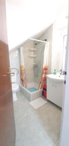 y baño con ducha, aseo y lavamanos. en Apartments Jurić - 2 A lovely room for 2, en Hvar