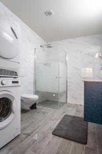 y baño con lavadora y aseo. en PORT CITY HAIFA - Luxury Apartments 50 mtrs From The Beach, en Haifa