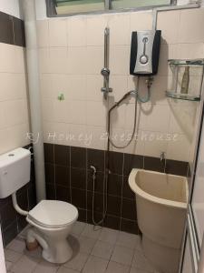 a bathroom with a shower and a toilet and a sink at RJ Homey Guesthouse in Sungai Petani