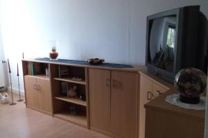 a tv sitting on top of a wooden entertainment center at Wohnen im Holzhaus in Niesky