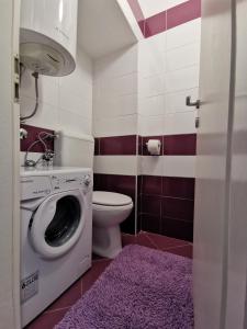 a bathroom with a washing machine and a purple rug at More in Malinska +9 photos