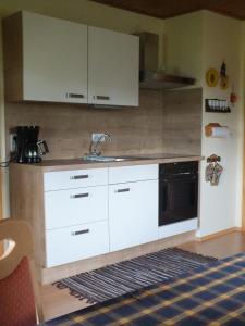 eine Küche mit weißen Schränken und einem Waschbecken in der Unterkunft Steurer Hof in Liebenfels