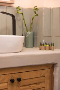 a counter with a sink and a vase with plants at LUPA ALAÇATI in Çeşme
