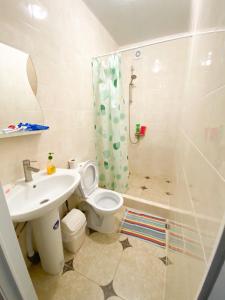 W łazience znajduje się toaleta, prysznic i umywalka. w obiekcie Посуточная аренда жилья w mieście Mohyliv-Podilʼsʼkyy
