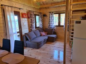 a living room with a couch and a table at Siedlisko nr 5A nad jeziorem Skarlińskim, jezioro, mazury, domki letniskowe, bania in Kurzętnik