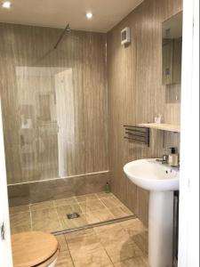 a bathroom with a shower and a toilet and a sink at The Stables self catering in Seahouses