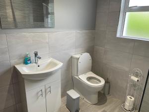 a bathroom with a sink and a toilet at Ketty's Cottage in Rosslea +4 photos