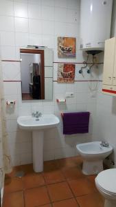 ein Badezimmer mit einem Waschbecken, einem WC und einem Spiegel in der Unterkunft Casa del Poniente in Lepe