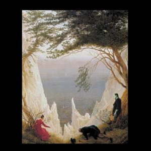 a painting of two people and a dog in a landscape at Villa Frankenstein - Deluxe Ferienwohnung mit Ladestation E-Auto & E-Bike in Lancken-Granitz