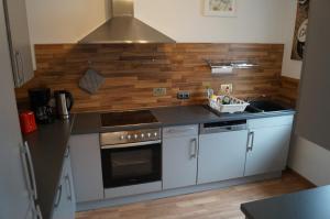 a kitchen with a stove and a sink at Ferienwohnung NEA in Dietersheim