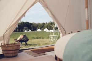 a view of a field from inside a tent at Home Farm Glamping in Elstree