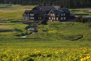 una casa in mezzo a un campo con un torrente di Stará Pila - Jizerka a Jizerka