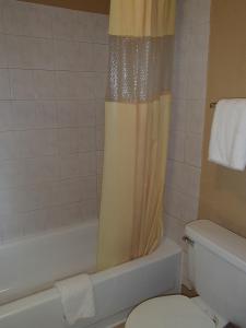 y baño con aseo y cortina de ducha. en Days Inn by Wyndham Corpus Christi Beach, en Corpus Christi