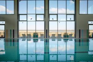 uma piscina num edifício com janelas e pássaros a voar em TUI BLUE Sylt em Rantum