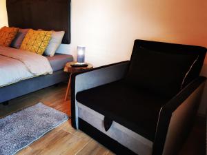 ein Schlafzimmer mit einem schwarzen Stuhl und einem Bett in der Unterkunft Agrochalupki in Korczowe