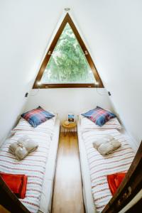 two beds in a small room with a window at Nurdachhaus Marie im Nordschwarzwald in Neuhausen