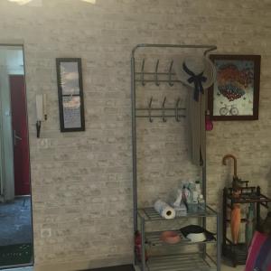 a room with a brick wall with a shelf and a shelfngth at Appartement génial in Clermont-Ferrand