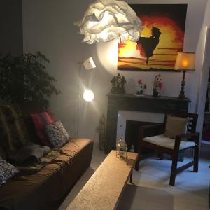 uma sala de estar com um sofá e uma lareira em Appartement génial em Clermont-Ferrand