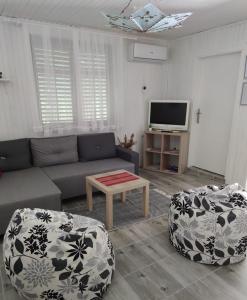 sala de estar con sofá, mesa y TV en Kuća Zlatica en Palić