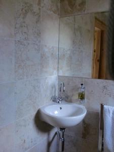 uma casa de banho com um lavatório numa parede em azulejo em Quiet, cosy annexe room em Rough Close