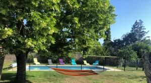 een hangmat in een tuin naast een zwembad bij L'enclos bleu, vendée sud, marais poitevin in Chaillé-les-Marais