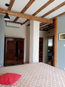 sypialnia z łóżkiem w pokoju z drewnianym sufitem w obiekcie L'atelier w mieście Saint-Maximin