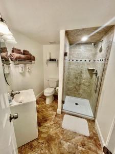 a bathroom with a shower and a toilet and a sink at Hidden Valley B&B in Hiawassee