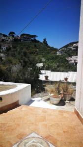 a patio with two potted plants and a white fence at Visitponza - La casa di Eolo in Ponza