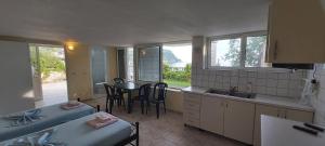 a kitchen with a sink and a table with chairs at Magic Ionian Apartments & Rooms in Himare