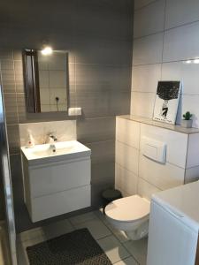 łazienka z umywalką, toaletą i lustrem w obiekcie Apartament NANO z klimatyzacją w mieście Giżycko