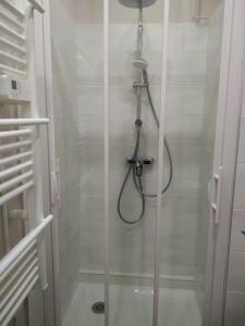 una doccia con porta in vetro in bagno di Le Central Vittel 206 a Vittel