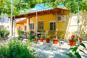 Holiday House Skala Kallirachi في سكالا كاليراخيس: مجموعة من النباتات الفخارية الموجودة خارج المنزل