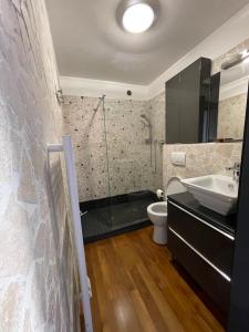 a bathroom with a shower and a toilet and a sink at Juan les Pins Joli T2 parking inclus! in Antibes
