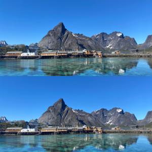 two views of the mountains on the water at Olenilsøya Mini Villa in Reine