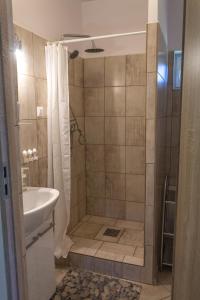 a bathroom with a shower and a sink at Domek letniskowy Pod Topolami in Sieraków +22 photos