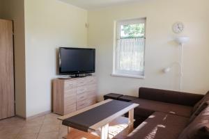 a living room with a couch and a flat screen tv at Domek letniskowy Pod Topolami in Sieraków