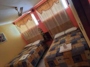 1 dormitorio con 2 camas individuales y ventana en Green Monkey Hostel en Flores