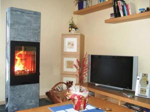 a living room with a television and a fireplace at Fenster in Kaltenhof