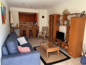 a living room with a blue couch and a kitchen at Verde Ria apartamento in Torreira